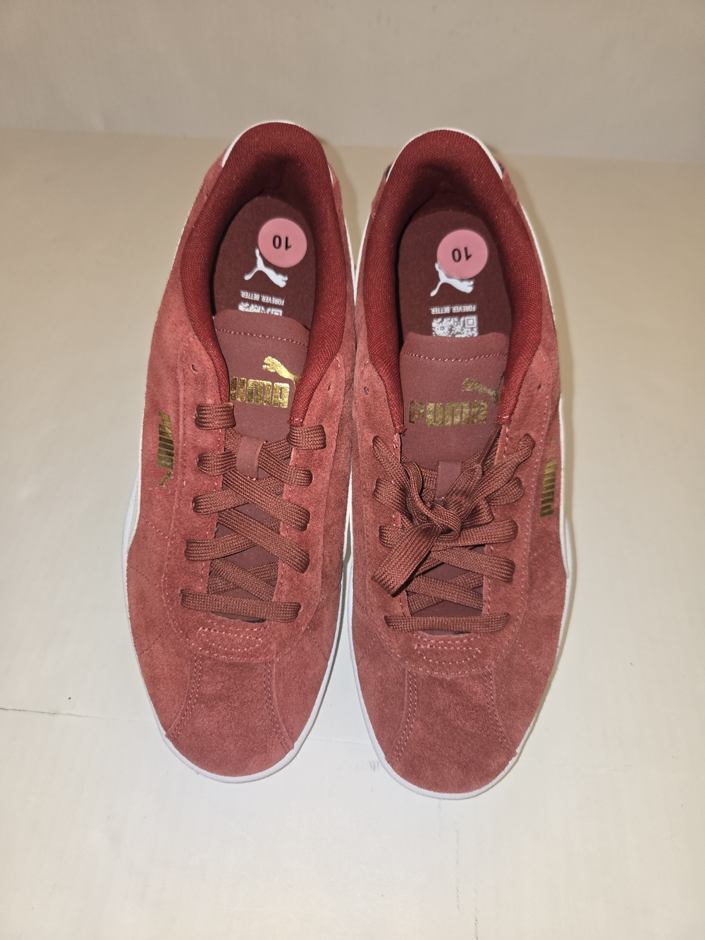 Puma Suede Low-Top Sneakers in Rust Red with Gold Accents, Size 10